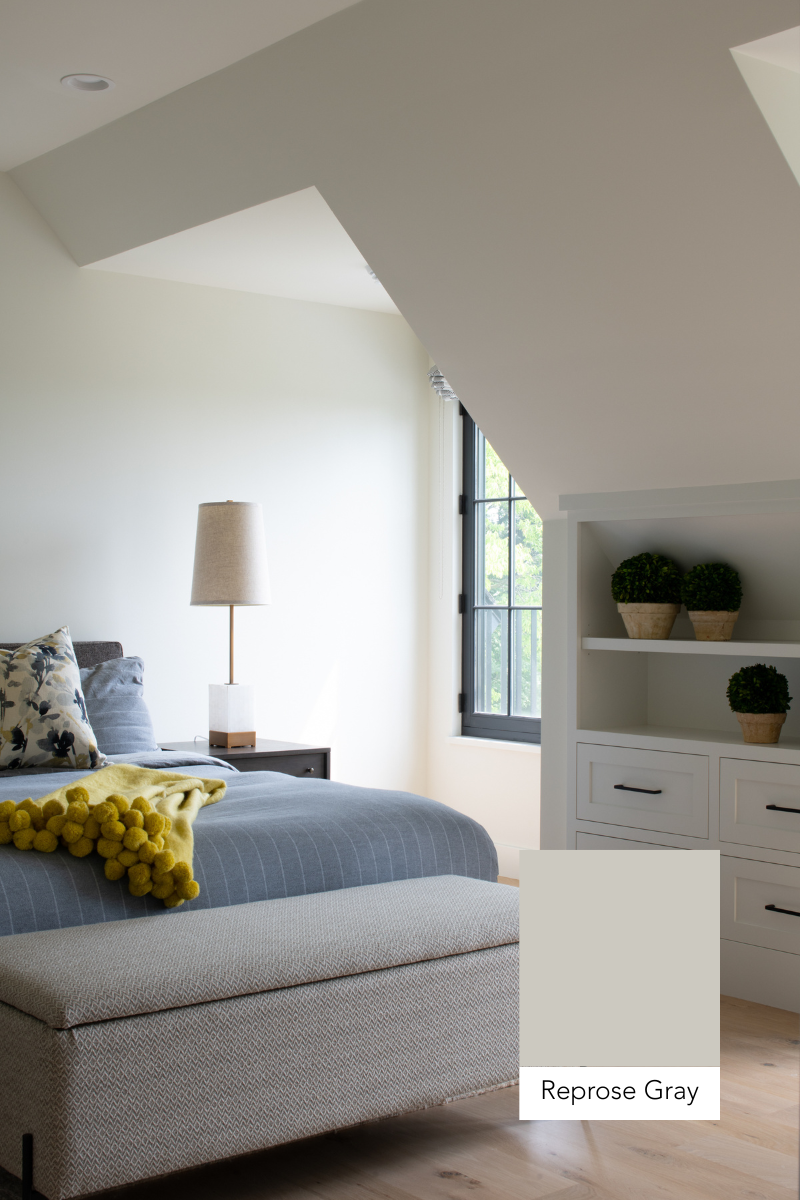 Bedroom with natural light streaming in painted in Sherwin Williams Reprose Gray (SW 7015).