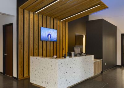 A Decorative wood background in a large commercial office building